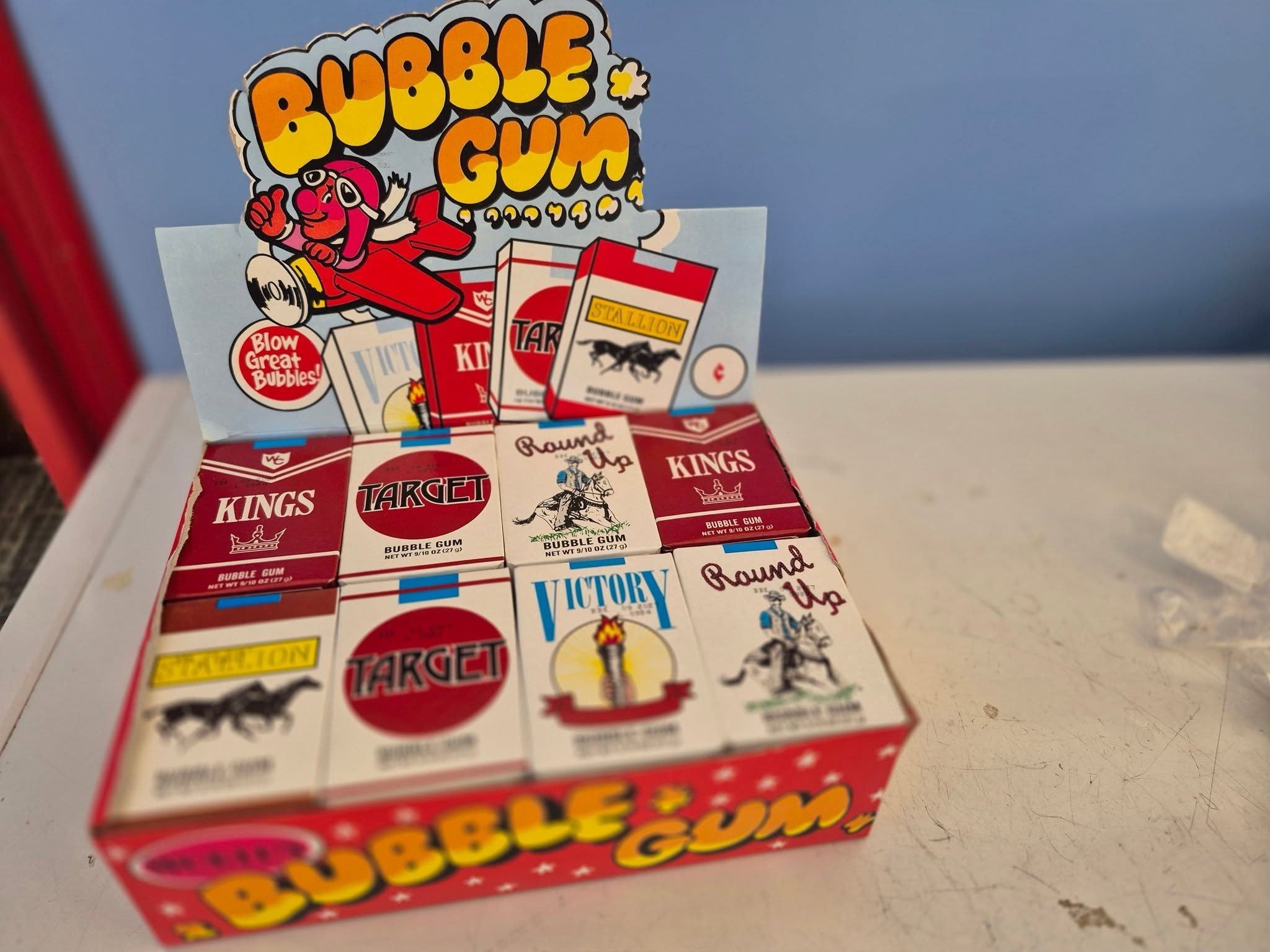 Display of king-size retro candy boxes at The Candy Shoppe on Main
